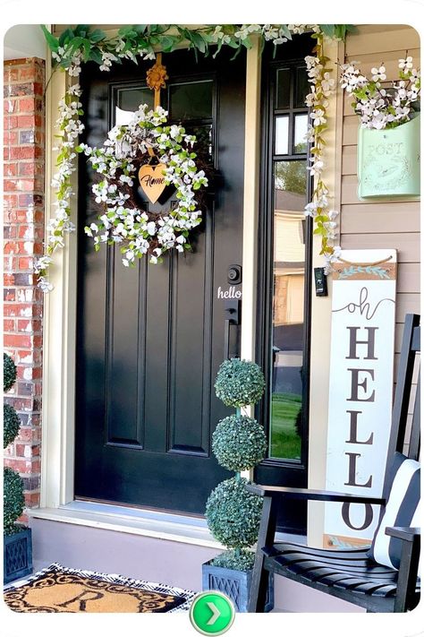 Black door with topiary on both sides and a wreath. Creates structure and balance, perfect for stylish small front porch decor with a festive touch. Small Front Porch Decor, Discover Aesthetic, Front Porch Decor Ideas, Brick Pathway, Pumpkin Planter, Small Front Porch, Fairy Lights Bedroom, Yellow Doors, Pink Door