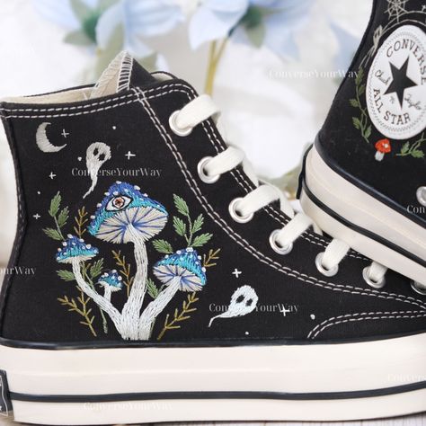 Black Converse High Top shoes embroidered with mushroom garden and ghosts.

With many years of shoe embroidery experience, this time I was really happy to receive a personalized canvas sneaker embroidery design for a very special customer. They sent me pictures of mushrooms in their favorite colors and they wanted me to combine it with ghosts. I found this request interesting and this was the gift they wanted to send to their loved ones. I also love this custom embroidery style. Pictures Of Mushrooms, Sneaker Embroidery, Embroidered Mushrooms, Shoe Embroidery, Converse Embroidery, Embroidered Converse, Mushroom Garden, Converse High Top, Mushroom Pictures