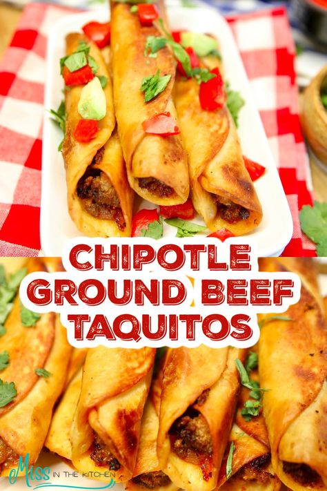 Chipotle Ground Beef Taquitos is a quick, easy and delicious dinner that the whole family will love. Crispy fried taquitos with a cheesy ground beef filling that has a spicy chipotle kick. Chipotle Ground Beef, Ground Beef Taquitos Recipe, Ground Beef Taquitos, Beef Taquitos, Spanish Rice Easy, Cheesy Ground Beef, Taquitos Beef, Outdoor Cooking Recipes, Taquitos Recipe