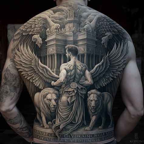 roman warrior in venice surrounded by two lions prepares for his next fight in the arena Roman Back Tattoo Men, Greek And Egyptian Mythology Tattoos, Roman Lion Tattoo, Roman Back Tattoo, Mythology Back Tattoo, Man In The Arena Tattoo, Back Tattoo Men Full, Colleseum Rome Tattoo, Greek Mythology Back Tattoo