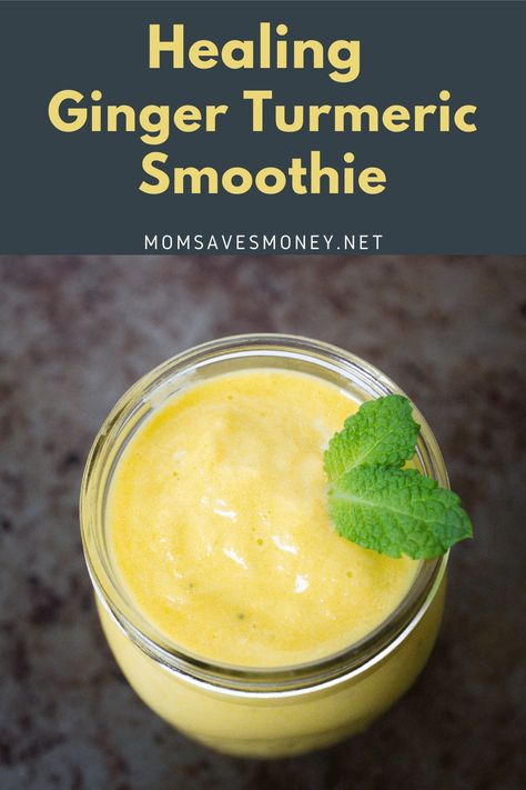 Healing Ginger Turmeric Fruit Smoothie - Mom Saves Money Ginger And Turmeric Smoothie, Pineapple Turmeric Smoothie, Smoothies With Ginger Root, Healing Smoothie Recipes, Ginger Turmeric Smoothie, Inflammatory Smoothies, Turmeric Smoothie Recipes, Ginger Smoothie Recipes, Probiotic Smoothie