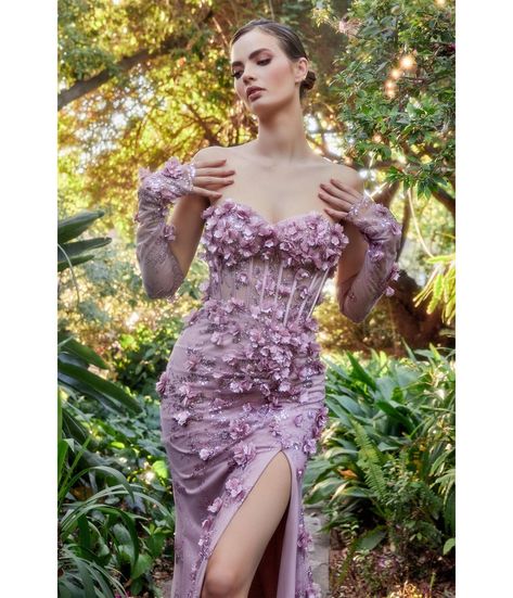 Mauve Hydrangea Embellished Corset Mermaid Evening Gown - Unique Vintage - Womens, DRESSES, PROM AND SPECIAL OCCASION Formal Gala Dress, Vestidos Dresses, Mermaid Corset, Andrea And Leo, Pastel Dresses, Glitter Prom Dress, Corset Gown, Blue Party Dress, Bridesmaid Dresses Prom