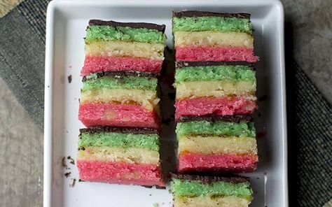 Italian Rainbow Cookie [Vegan] - One Green PlanetOne Green Planet Rainbow Cookies Recipe, Italian Rainbow Cookies, Rainbow Cookie, Dark Chocolate Ganache, Eggless Recipes, Cookies Vegan, Vegan Italian, Rainbow Cookies, Vegan Holidays