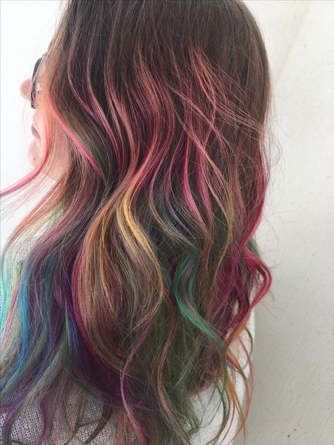 Subtle Colorful Hair, Fun Color Hair, Subtle Colored Hair, Christmas Hair Color Ideas, Fun Fall Hair Colors, Rainbow Highlights Hair Brown, Subtle Rainbow Hair, Oil Spill Hair, Fall Hair Highlights