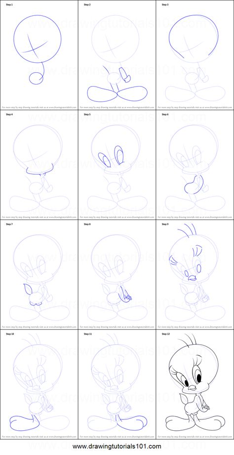 How to Draw Tweety Bird printable step by step drawing sheet : DrawingTutorials101.com How To Draw Tweety Bird Step By Step, How To Draw Tweety Bird, Tweetie Bird Drawing, Tweety Drawing, Simple Drawing Ideas Easy Step By Step, How To Draw Disney Characters Step By Step, Easy Cartoon Drawings Step By Step, How To Draw Disney Characters, Tweety Bird