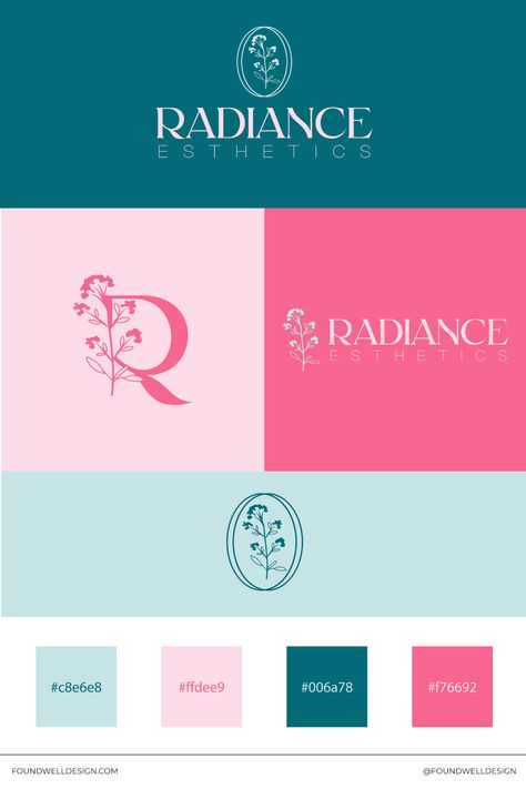 Radiance Esthetics provides beauty services including facials, waxing, and eyelash extensions. All branding elements were created by Foundwell Design.

Brand design, graphic design, logo design, branding inspiration, brand identity, color palette Pink And Turquoise Branding, Pink And Blue Branding, Identity Color Palette, Coding Notes, Color Coding Notes, Turquoise Branding, Branding Elements, Logo Design Branding, Skin Care Brands