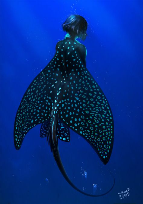 Collaboration between and me, cute ray-merboy! Spotted eagle ray used as a reference. Rock Kunst, Spotted Eagle Ray, Eagle Ray, Mermaid Drawings, Karakter Disney, Mermaids And Mermen, Mythical Creatures Art, Mythological Creatures, Deep Water