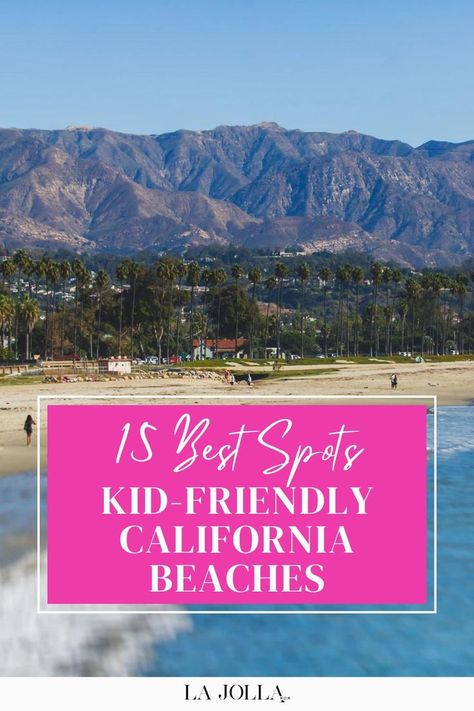 A scenic view of a California beach lined with palm trees and a mountain range in the background. Best Us Beaches, Summer In California, La With Kids, Beaches In California, Underwater Park, Best Family Beaches, California With Kids, Moonstone Beach, La Jolla Shores