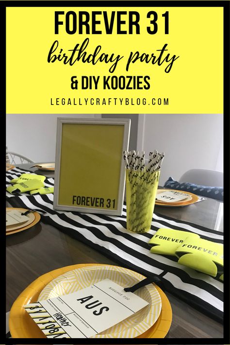 Forget Forever 21, this Forever 31 birthday party took the festivities on the road to a girl's trip to Austin, Texas! Click here for tips on how to pack party supplies and a DIY even when you are flying to your destination! #girlsweekend #birthdayparty #31stbirthday #forever31 #blackandyellowparty #girlstrip #partyonthego Forever 21 Birthday Theme, Forever 31 Birthday Party, 31 Birthday Party Ideas For Her, 31st Bday Ideas For Her, 31 Bday Ideas, 31 Birthday Ideas, 31st Birthday Ideas For Her Theme, 31 Birthday Ideas For Her, 31st Birthday Ideas