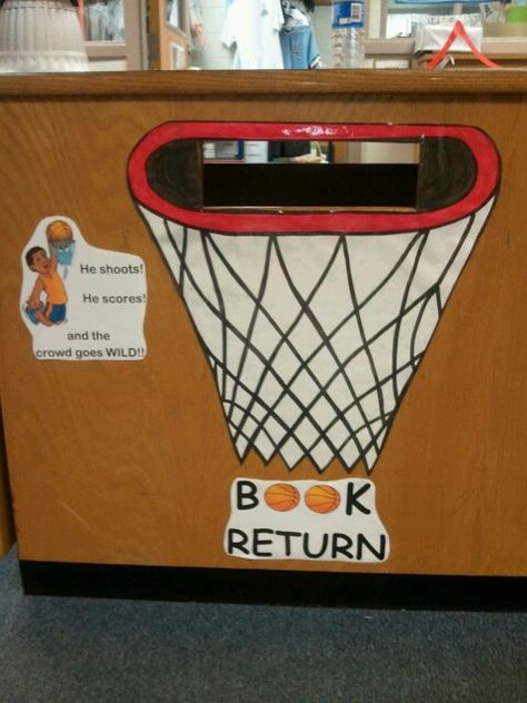 Would love to have a book return box as part of the circulation desk. Heck, while I'm dreaming, it would be nice to have a drop box down stairs too!!! Book Drop Box Library, Bookdrop Decor, Book Return, School Library Bulletin Boards, Library Decorations, School Library Decor, Library Signage, School Library Displays, Middle School Libraries