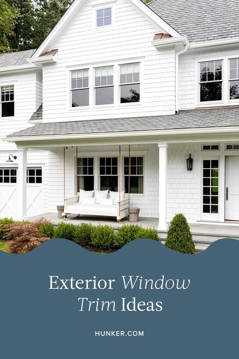 While windows are of course important, the panes can completely change their look. A window trim helps to frame the aperture, giving it definition as well as style. So here are seven exterior window trim ideas that will help you create some curb appeal. #hunkerhome #window #windowideas #trim #windowtrim #exterior Window Frame Ideas Outdoors, White Farmhouse Exterior White Windows, Exterior Window Makeover, Window Crosshead Exterior, Exterior Window Trim Before And After, Exterior Windows Styles Farmhouse, 6 Over 1 Windows Exterior, Window Update Exterior, Modern Exterior Window Trim Ideas