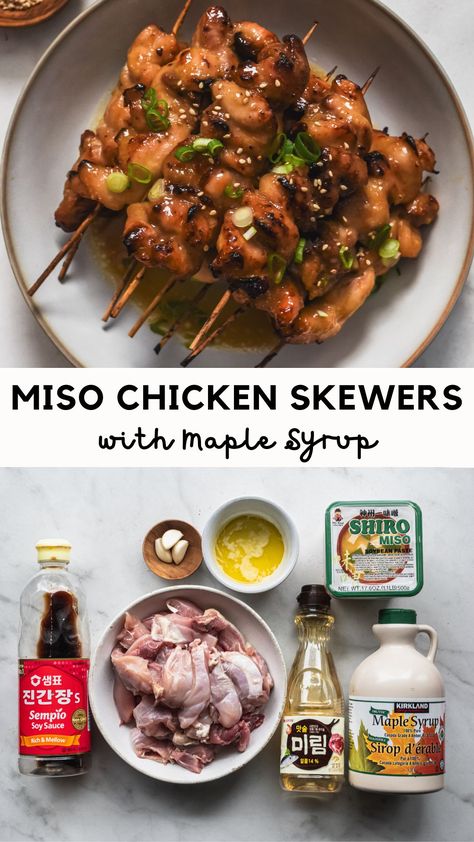 Miso chicken skewers on a plate with ingredients underneath Miso Chicken Recipe, Miso Chicken, Korean Kitchen, Butter Glaze, Miso Butter, Red Miso, Chicken Appetizers, Chicken Meals, Amazing Appetizers