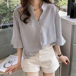 Happo - Pinstriped Elbow-Sleeve Shirt Bussines Casual Woman, Smart Casual Women Outfits, Pink Pinstripe, Smart Casual Women, Casual Blouse Shirts, Classic Style Outfits, Shirts Women Fashion, Casual Work Outfit, Oversized Blouse