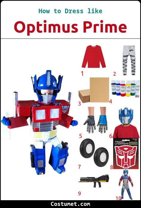 Optimus Prime Costume Optimus Prime Costume Diy, Optimus Prime Costume, Painted Cardboard, Costume For Halloween, Gray Pants, Red T Shirt, Optimus Prime, Diy Shoes, Red Tshirt