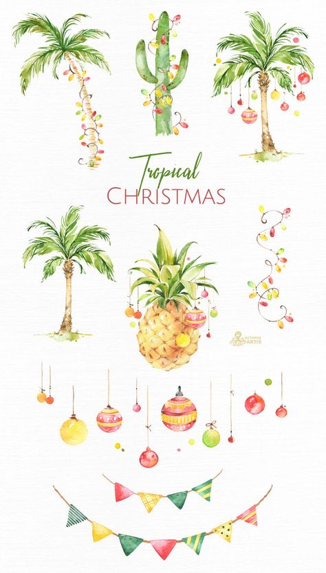 Aquarell Christmas, Tropical Christmas Decorations, Watercolor Christmas Card, Christmas Palm Tree, Watercolor Holiday, Beachy Christmas, Pineapple Decor, Tropical Holiday, Tropical Christmas