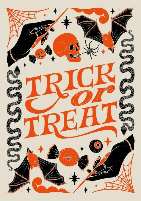 Trick or treat - lettering phrase. Hand drawn vintage poster with decorative spooky elements. Halloween Lettering, Halloween Color Palette, Goodbye And Good Luck, Alice In Wonderland Flowers, Wooden Door Sign, Summer Fairy, Halloween Flyer, Wood Card, Halloween Poster