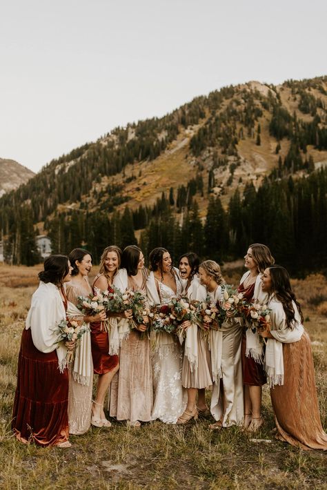 Winter Wedding Mix And Match Bridesmaids, Outdoor Wedding Bridesmaid Dresses, Mismatched Bridesmaid Dresses Fall, Mismatched Bridesmaids Dresses, Christmas Bridesmaids, Mismatched Dresses, Ski Wedding, Fall Bridesmaids, Bridesmaid Shawl