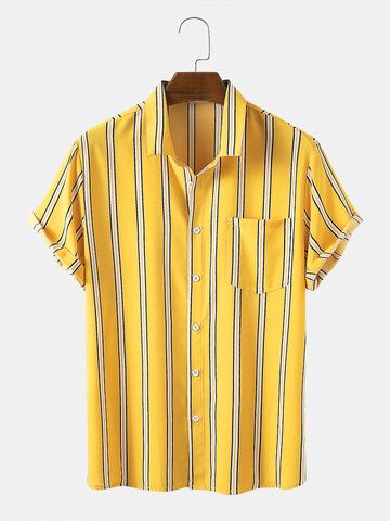 I found this amazing Mens Striped Color Chest Pocket Short Sleeve Shirts with £19.99,and 14 days return or refund guarantee protect to us. --Newchic Yellow Shirt Outfit, Mens Bowling Shirts, Shirt Outfit Men, Yellow Clothes, Casual Beach Wear, Shirt With Pocket, Fashion 1950s, Mens Stripes, Yellow Shirts