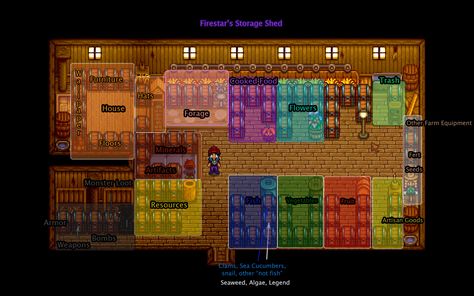 Stardew Valley Storage, Stardew Valley Storage Shed, Stardew Layout, Stardew Ideas, Video Game Storage, Stardew Farms, Barn Layout, Stardew Valley Layout, Stardew Valley Tips