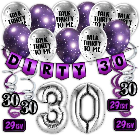 30th Birthday Banner, 30 Balloons, Birthday Purple, 30th Birthday Party, Propane Fire Pit Table, Happy Birthday Signs, Silver Balloon, Purple Balloons, Balloon Pop