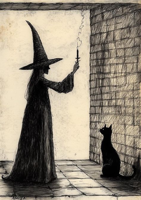 This enchanting piece of artwork captures the mystical essence of a witch casting a spell, beautifully illustrated in a gothic style reminiscent of classic illustrations. The silhouette of the witch, adorned in a tall, pointed hat, contrasts strikingly with the warm, muted background, allowing viewers to feel the atmosphere of magic and mystery. The inclusion of a black cat sitting attentively adds an element of intrigue, suggesting a bond between the witch and her faithful companion. Crafted wi Witch And Cat Art, Black Cat Aesthetic Witch, Witch With Black Cat, Halloween Witch Silhouette, Witch And Cat, Classic Illustration, Grunge Wall Prints, Gothic Art Aesthetic, Gothic Illustration