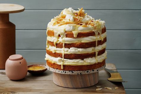 Passionfruit layer cake with lemon drizzle and coconut Lemon Mascarpone Cream, Passionfruit Slice, Lemon Mascarpone, Passionfruit Recipes, Coconut Tart, Slice Recipe, Decadent Chocolate Desserts, Lemon Drizzle Cake, Mascarpone Cream