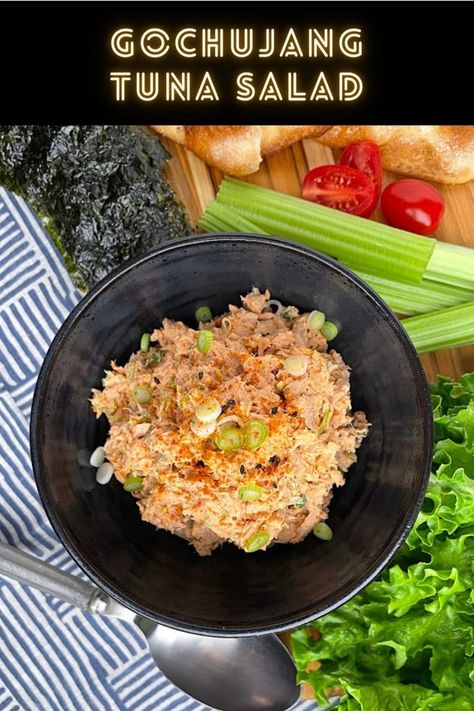 Gochujang tuna salad with nori, flatbread, and vegetables Tuna Salad Asian, Korean Canned Tuna Recipes, Miso Tuna Salad, Kimchi Tuna Salad, Korean Tuna Salad, Spicy Tuna Cucumber Salad, Japanese Tuna Salad, Korean Tuna Recipe, Asian Tuna Salad