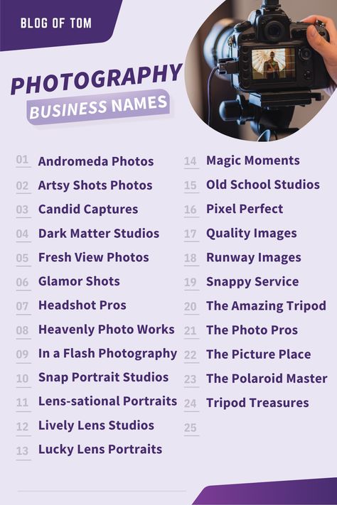 As with naming any business, naming a photography business can be a stressful endeavor. There is a lot at stake with a business’s name, as a name that is too vague, too long, or altogether wrong will potentially drive away business. But not to worry – our ultimate guide to photography business names is sure to inspire you. Search our extensive list of photography business name ideas that suit all types of shutterbugs. #photographybusinessnames #photographycompanynames #businessnames Photographer Names Ideas For Instagram, Photography Instagram Names, Instagram Photography Page Name Ideas, Photography Name Ideas Creative, Name For Photography Page, Photography Business Names Creative, Photography Account Names, Photo Studio Names Ideas, Names For Photography Page On Instagram