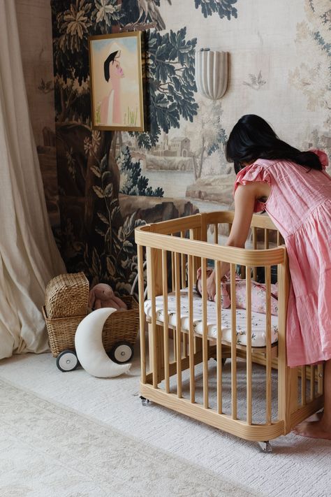 ! There are wheels, so you can roll the crib around wherever you need. In the very early days, we had her next to us all the time because we missed her if she wasn’t in the same room. The wheels are super smooth and are so quiet whether you’re on hardwood or tile. Plus, it transitions from carpet to hard floors and vice versa easily. We’ve had her in the bathroom, dining room, living room, all the rooms!e Nesting Crib, Crib On Wheels, Nestig Crib, Crib With Wheels, Convertible Baby Cribs Toddler Bed, Convertible Crib Toddler Bed, Wooden Convertible Crib, Vintage Floral Nursery Cribs & Toddler Beds, 36 Weeks Pregnant