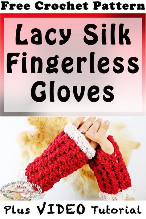 Lacy Silk Fingerless Gloves using the Cluster in a Slant Stitch Pattern - Free Crochet Pattern by Nicki's Homemade Crafts #crochet #silk #lacy #fingerless #gloves #valentinesideas #diy #valentinesday #red #white #tutorial #video #easy #best Gloves Crochet Free Pattern, Gloves Free Pattern, Red And White Sweater, Crochet Gloves Free Pattern, Fingerless Gloves Crochet, Crochet Mittens Free Pattern, Crochet Wrist Warmers, Silk Gloves, Gloves Crochet