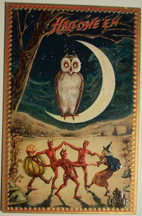 Vintage Halloween Greeting Cards, Vintage Halloween Posters, Vintage Halloween Cards, Vintage Halloween Witch, Vintage Halloween Images, Owl Moon, Carte Halloween, Halloween Owl, Halloween Moon