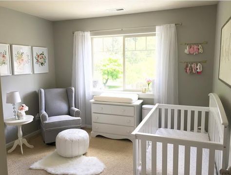 Gray and white nursery.  Floral nursery. Baby Nursery White Furniture, Gray Wall Nursery, Nursery With White Furniture, Nursery Grey Carpet, Nursery Grey Furniture, Nursery White Furniture, Grey Nursery White Furniture, Boy Nursery White Furniture, Nursery Gray Walls