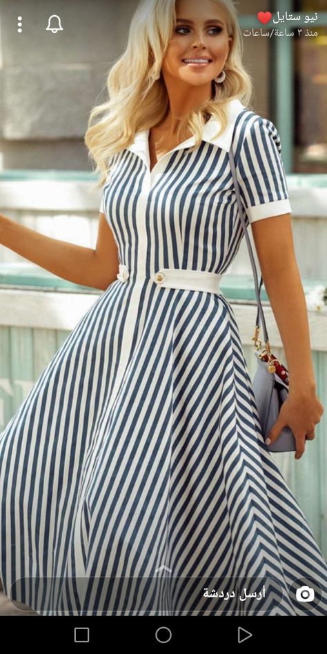 Casual Gowns, Navy Shirt Dress, Stripped Dress, Classy Dress Outfits, Stylish Work Outfits, Casual Chic Outfit, Fashion Hacks Clothes, Indian Fashion Dresses, Navy Shirt