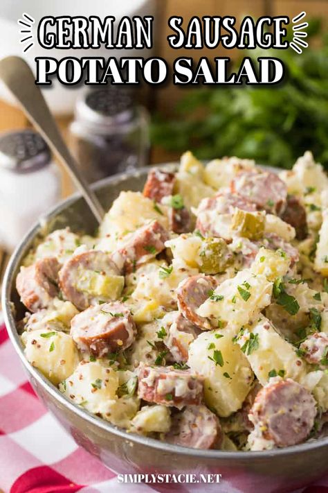 A stainless steel bowl of salad with a serving spoon. Caesar Pizza, Grape Lemonade, Sausage Salad, Potato Salad Mustard, Potato Salad Recipe Easy, Sausage Potato, Simply Stacie, German Sausage, Potato Salad With Egg