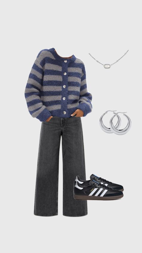 Striped blue cardigan, black jeans, black sambas, silver jewelry Black Sambas, Blue Cardigan, Cardigan Black, Jeans Black, Fall Outfit, Blue Stripes, Fall Outfits, Black Jeans, Silver Jewelry