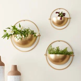 Wall Planters Indoor Living Rooms, Plants On Wall Indoor, Indoor Wall Planter Ideas, Wall Mounted Planters Indoor, Round Wall Planter, Wall Plants Indoor, Wall Pots, Wall Planters Outdoor, Brass Home Decor