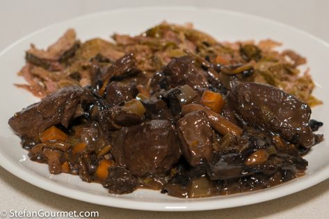 Venison and Wild Mushroom Stew (Brasato di Cervo ai Funghi di Bosco) – Stefan's Gourmet Blog Red Wine Mushrooms, Stew With Red Wine, Wine Mushrooms, Venison Stew, Barolo Wine, Mushroom Stew, Arrowroot Flour, Salad Spinner, Wild Mushroom