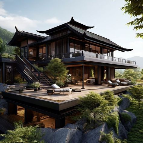 Japanese-Inspired: A design that incorporates traditional Japanese architectural elements like sliding wooden doors, shoji screens, and a minimalist aesthetic. The use of dark-stained wood and low, horizontal lines creates a serene environment.  Suggested Hashtags #WoodenHouseDesign #RusticCabin #ModernMinimalist #ScandinavianDesign #LogCabin #ContemporaryArchitecture #TropicalHouse Traditional Chinese House Design, Chinese Inspired House, Japan Style House Modern, Japanese Style Modern House, Asian Style Home Exterior, Modern Chinese House Design, Modern Asian Architecture, China House Traditional, Asian Home Exterior