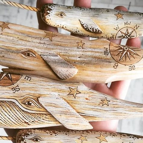 ... of half imagined things on Instagram: "Driftwood Whales up next week!  Local driftwood.  Gathered, treated, whittled, burned and gilded back to life to tell their stories from across the seas. I love their battle scars.  Their adventurous spirits.  It's a pleasure to bring them to life 🐋 #driftwoodart #oceanart #treasuremaker #whales #storytelling #spirit #nature #beachcomber #whittled #pyrography #gold" Driftwood Whale, Driftwood Ideas, Battle Scars, Beach Combing, Driftwood Art, Back To Life, Whittling, Ocean Art, Pyrography