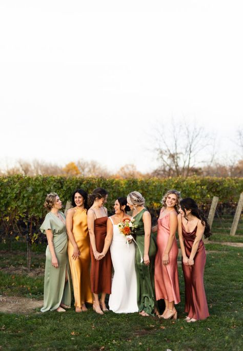 Bridesmaid dress inspo Fall Color Palette Bridesmaids, Color Pallete Bridesmaid Dresses, Fall Bridesmaid Palette, Fall Wedding Colors Bridesmaids, Nature Inspired Bridesmaid Dresses, Satin Bridesmaid Dresses Mismatched, Mismatched Bridesmaid Dresses Color Palette, Mix And Match Bridesmaid Dresses Autumn, Fall Mix Matched Bridesmaid Dresses