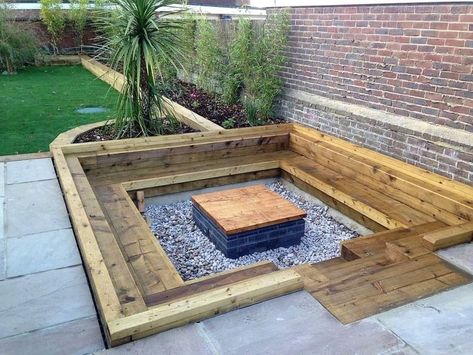 Sleeper Fire Pit, Decking Fire Pit Ideas, Diy Sunken Fire Pit With Seating, Back Deck Decor Ideas, Deck Around Tree, Fire Pit Ideas Backyard, In Ground Fire Pit, Outdoor Fire Pit Seating, Sunken Patio