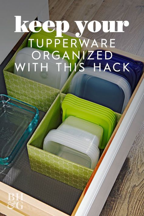 We rounded up our favorite kitchen storage hacks to solve your food storage container woes. Keep cabinets from getting chaotic and avoid mismatched items with this easy kitchen drawer organizer hack. #tupperwareorganizing #cabinetorganization #storageideas #bhg Diy Tupperware Storage, Organizing Storage Containers In Kitchen, Container Storage Organization, Diy Cabinet Storage Organizers, How To Store Tupperware Containers, Container Lid Storage Ideas, Plastic Food Container Organization, Tuppaware Storage Ideas, Organizing Food Storage Containers