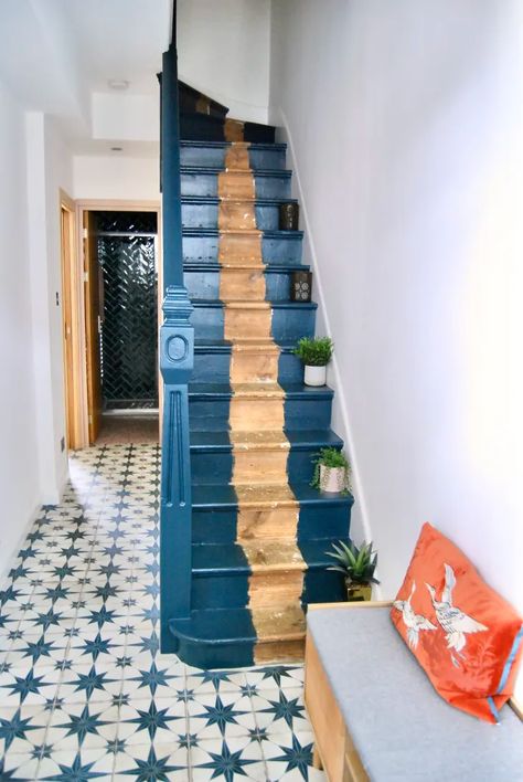 This Colorful London Home Isn’t Afraid of White Walls | Apartment Therapy Blue Painted Staircase, Blue Stairs Painted, Navy Blue Stairs, White Walls Apartment, Iceland Cabin, Blue Staircase, Blue Stairs, Blue Entryway, Oxford House