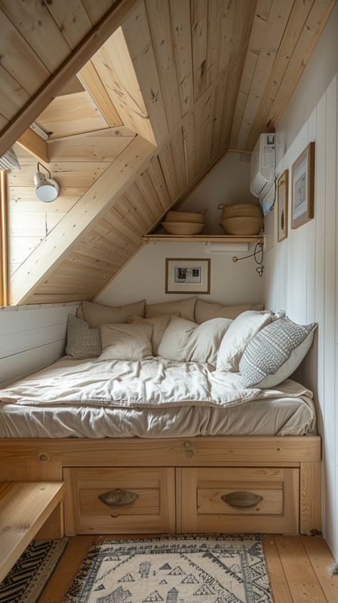 Attic Bedroom Ideas For Kids, Small Attic Bedroom Ideas, Small Attic Bedroom, Attic Bedroom Ideas, Minimalist Bed, Attic Bedroom, Attic Rooms, A Frame House, Tiny Bedroom