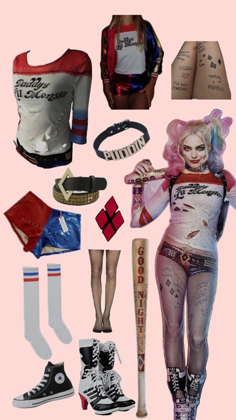 margot robbie’s harley quinn costume in the original ss squad movie Harly Quinn Cosplay, Harley Quinn Costume Diy, Harley Quinn Disfraz, Harley Costume, Basic Halloween Costumes, Harley Quinn Halloween Costume, Harley Quinn Makeup, Monster Costume, Harley Quinn Halloween