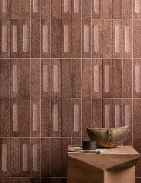 This unique shape and size is a beautiful new color and style to us Tile Paneling Wall, Rust Decor, Panelling Ideas, Brick Slips, Japanese Tile, Brick Wall Texture, Rust Colour, Mandarin Stone, Terracotta Tile