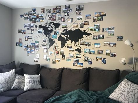 Traveler Room Ideas, World Map With Family Pictures, Travel Map With Pictures, Travel Theme Room Decor, Travel Theme Wall Decor, World Map Pictures Wall, Map Decoration Wall, Travel Memories Display Wall Galleries, Travel Picture Wall Ideas Photo Displays