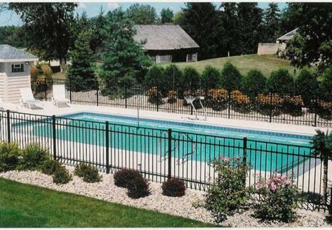 Wrought Iron Pool Fence, Pool Fencing Landscaping, Fence Around Pool, Pool Surround, Cocktail Pool, Pool Fences, Inground Pool Landscaping, Landscaping Around House, Pool Wall