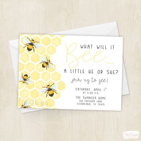 Bumble Bee Invitations, Bee Themed Gender Reveal, Gender Reveal Party Food, What Will It Bee, Bee Invitations, Honey Bee Baby Shower, Bee Gender Reveal, Gender Reveal Party Theme, Gender Reveal Themes