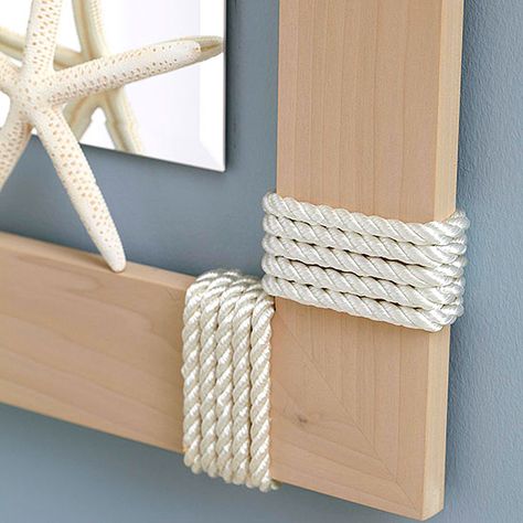 Rope-Wrapped Frame Deco Marine, Nautical Bathrooms, Pine Boards, Beachy Decor, Glue Tape, Nautical Home, Beach Bathrooms, Bath Room, Wood Glue